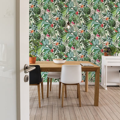 Rainforest Removable Wallpaper - A wood table and chairs in front of a wall featuring Tempaper's Rainforest Peel And Stick Wallpaper | Tempaper