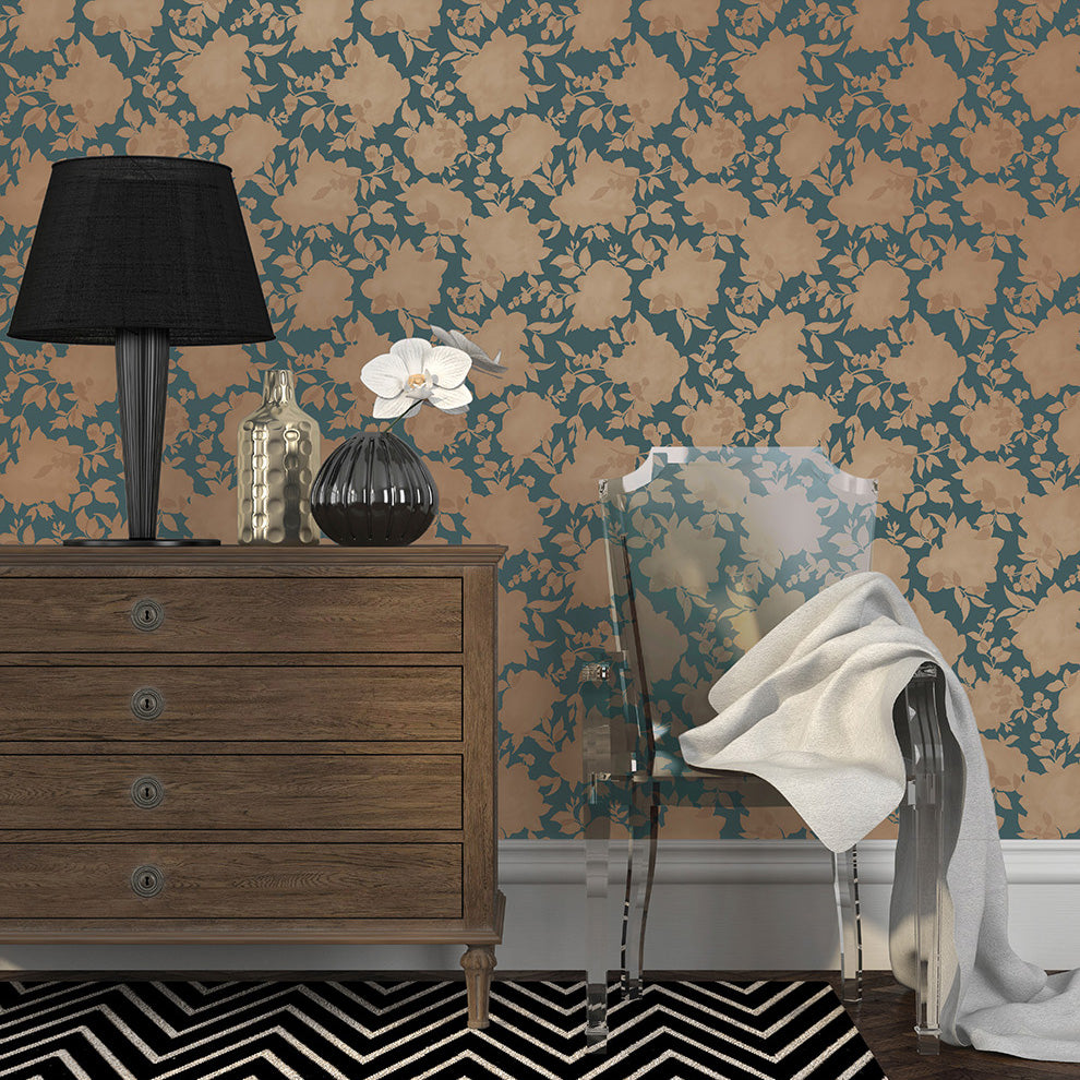 Silhouette Removable Wallpaper - A brown wood dresser and clear chair in front of a wall featuring Tempaper's Silhouette Peel And Stick Wallpaper | Tempaper#color_peacock-blue-and-gold