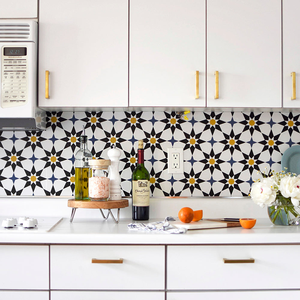 Soleil Removable Wallpaper - A kitchen backsplash featuring Soleil Peel And Stick Wallpaper | Tempaper