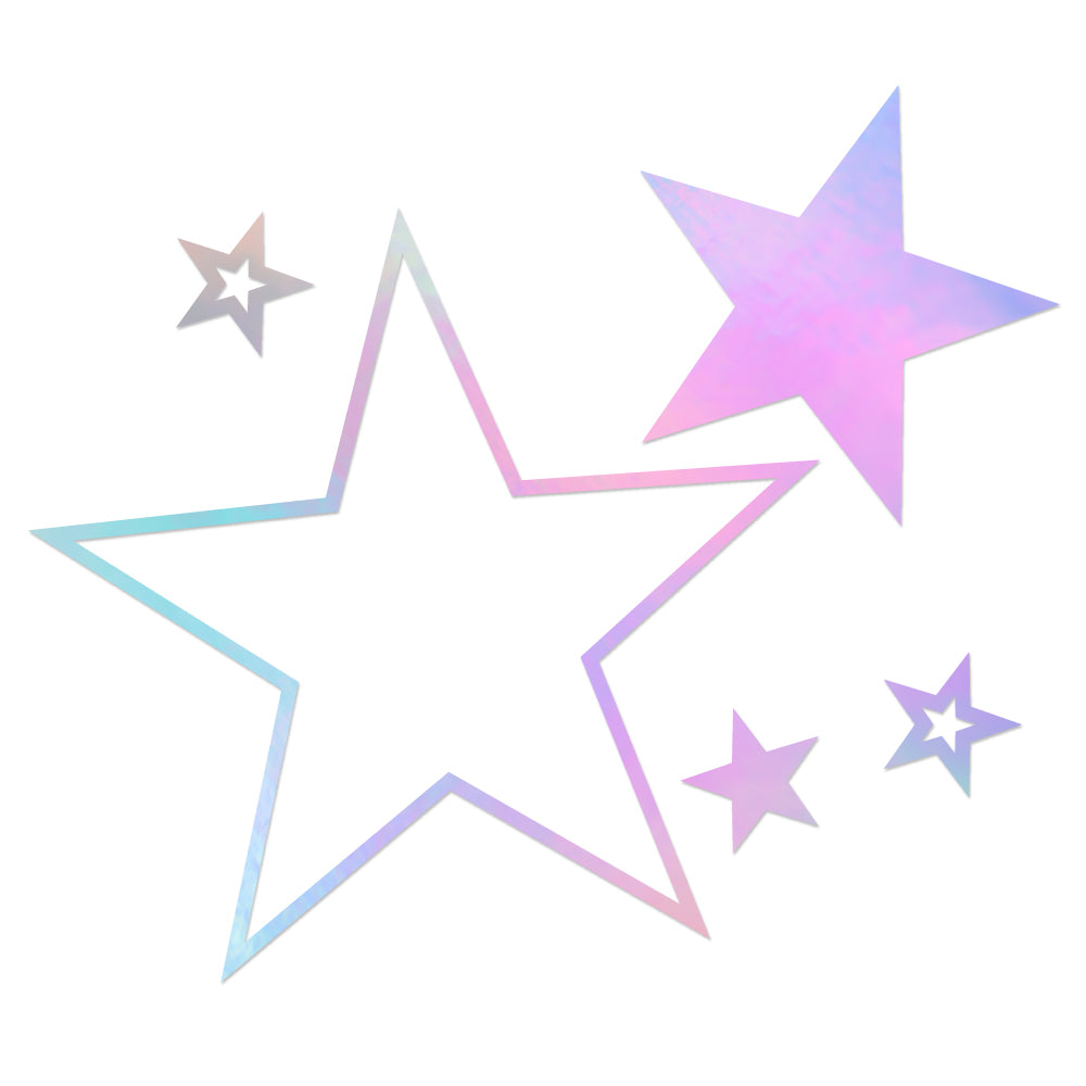 A selection of star wall decals from Tempaper showing a mixture of small and large stars in holographic pinks and purples.