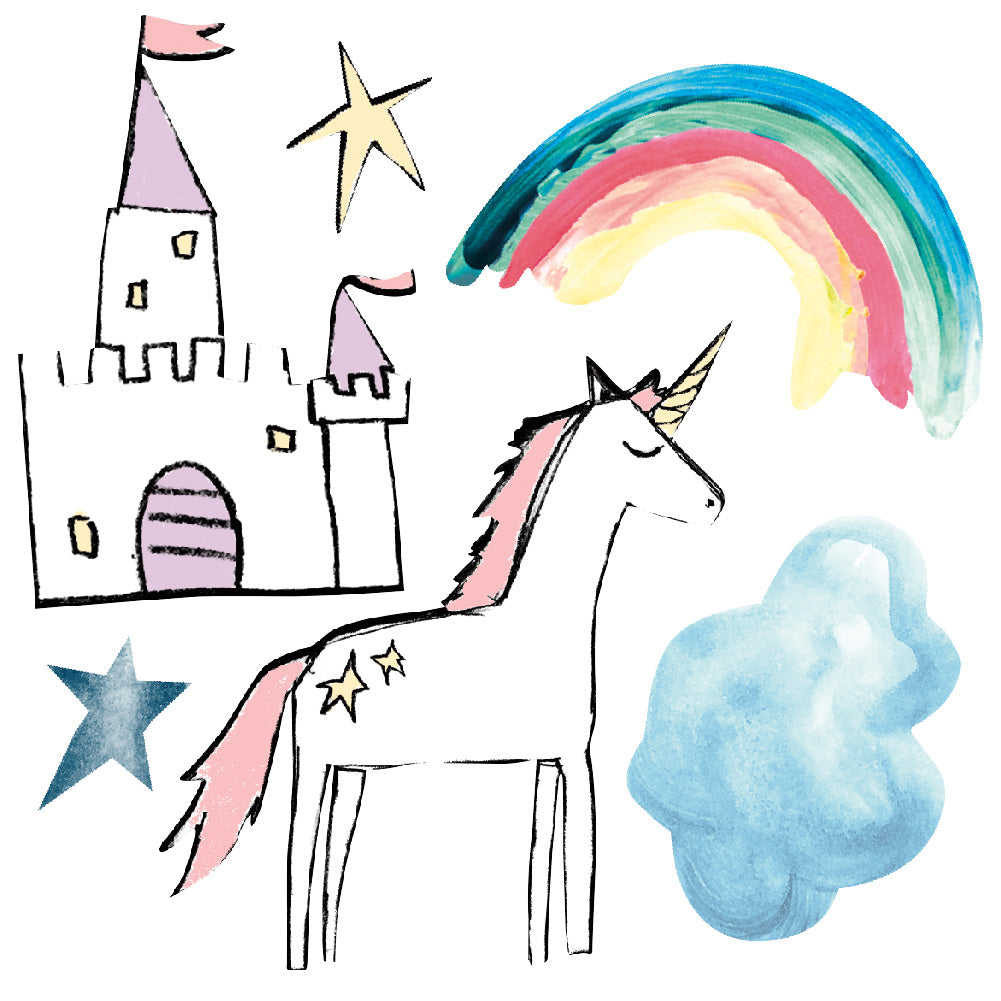 A close up view of Tempaper's Rainbows & Unicorns Peel And Stick Wall Decals.