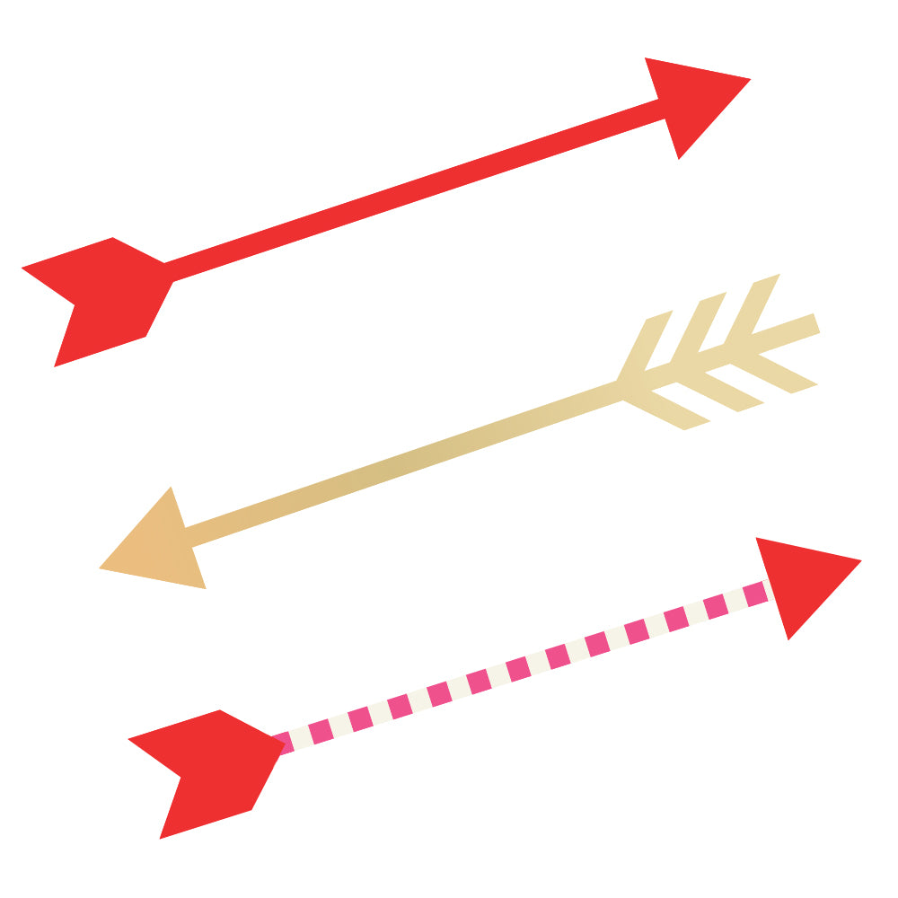 Image of the three arrows, one red, one gold, and one with pink and white stripes and a red tip and tail, included in Cupid's Arrow wall decals from Tempaper