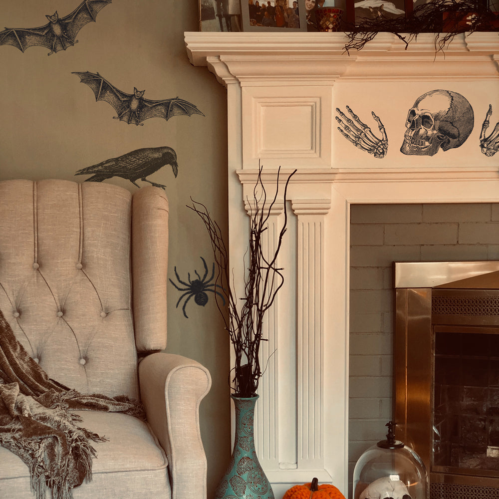 Vintage Horror wall decals by the fireplace