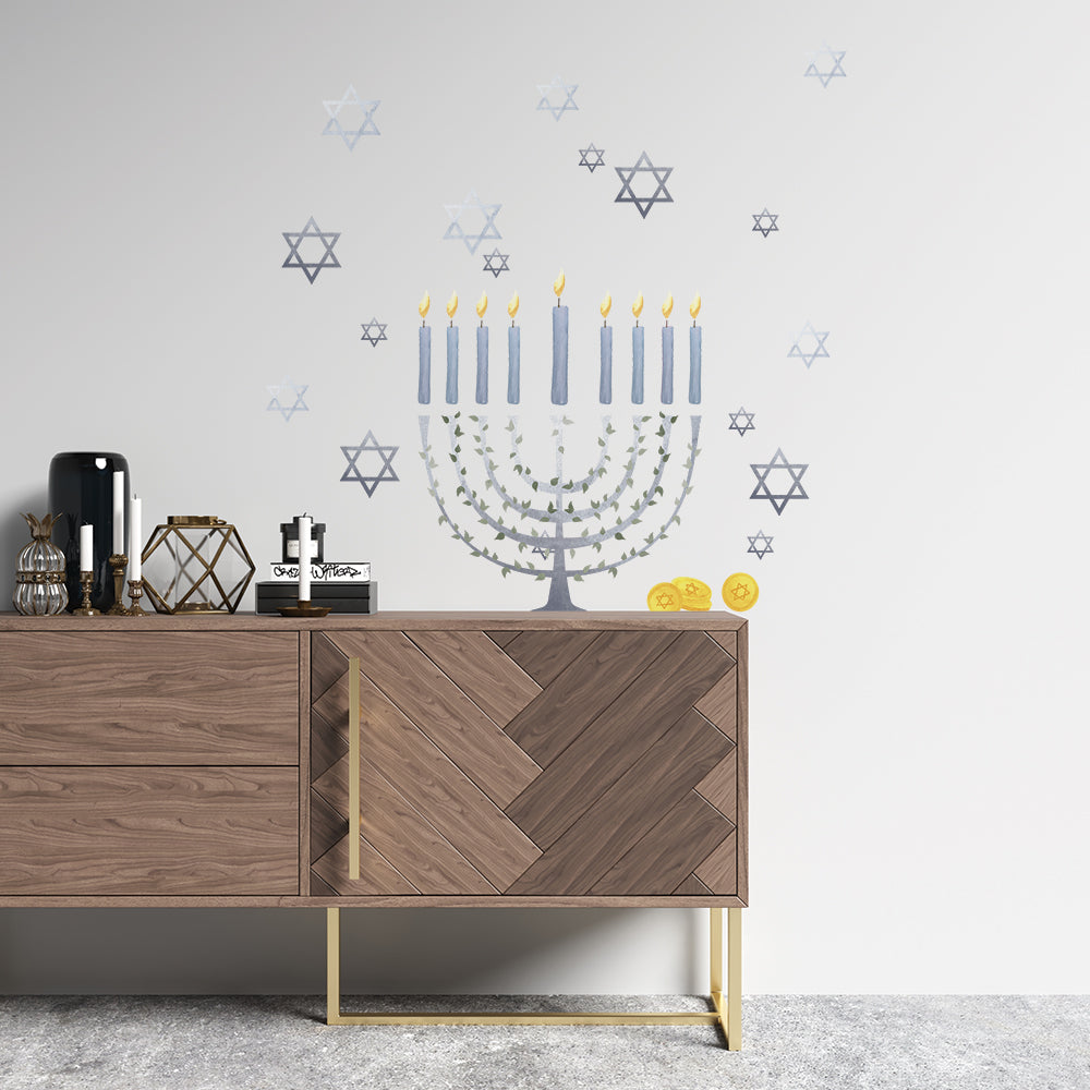 Tempaper's Festival of Lights Wall Decal shown behind a sideboard.