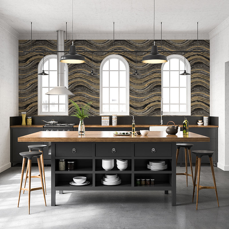 Travertine Removable Wallpaper - A kitchen with black cabinets and wood countertops with a backsplash featuring Tempaper's Travertine Peel And Stick Wallpaper | Tempaper