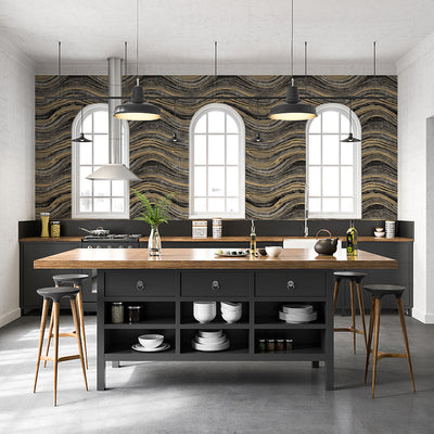 Travertine Removable Wallpaper - A kitchen with black cabinets and wood countertops with a backsplash featuring Tempaper's Travertine Peel And Stick Wallpaper | Tempaper