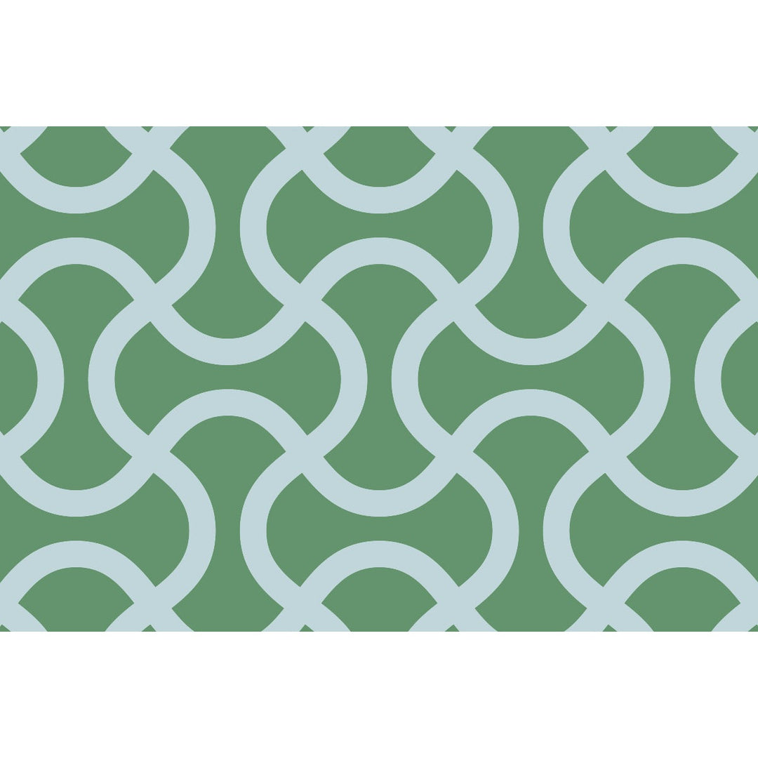 An up close view of Tempaper's Flourish Vinyl Rug in blue and green.#color_trippy-teal