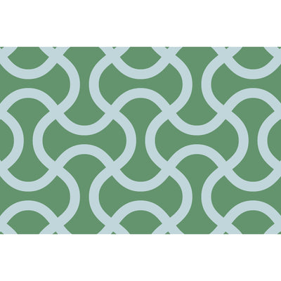 An up close view of Tempaper's Flourish Vinyl Rug in blue and green.#color_trippy-teal