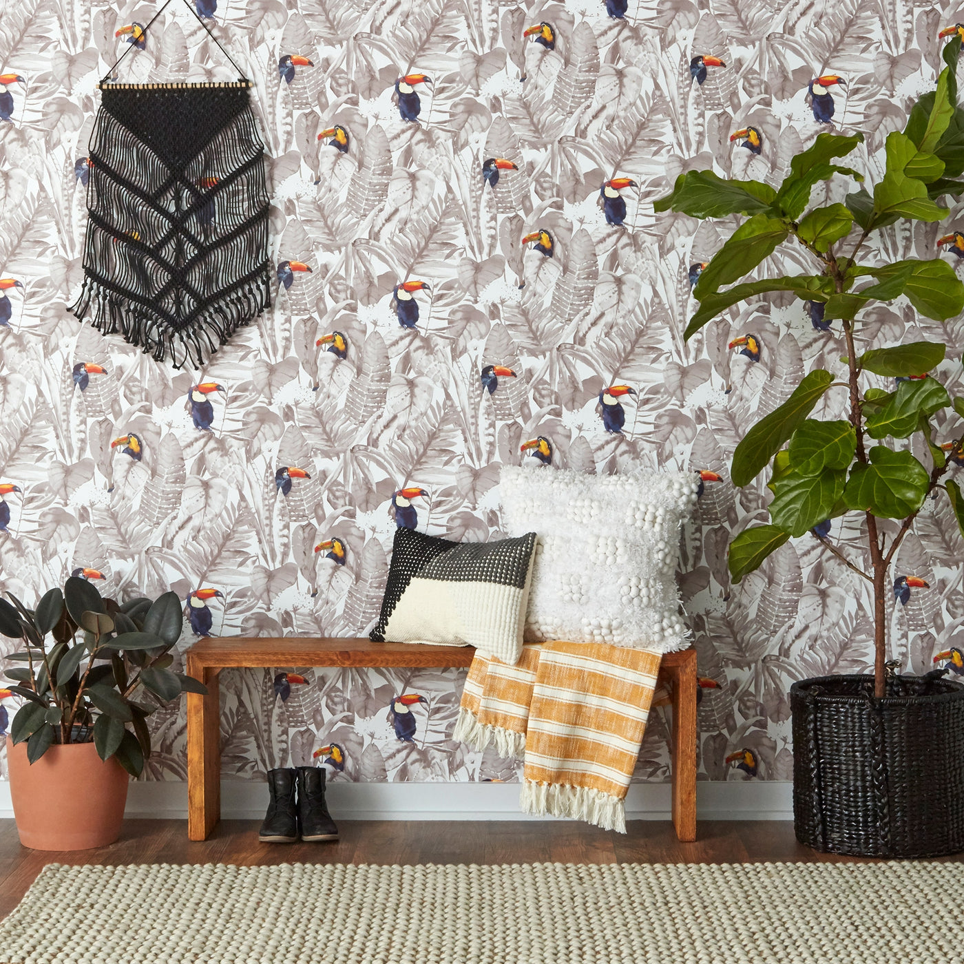 Toucan Removable Wallpaper - A wood bench and plants in front of a wall featuring Toucan Peel And Stick Wallpaper | Tempaper