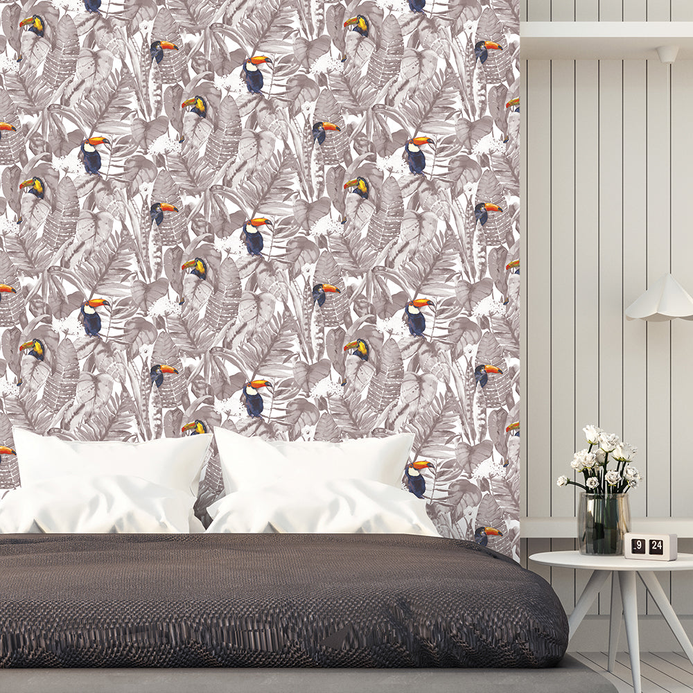 Toucan Removable Wallpaper - A bedroom with a bed and white nightstand in front of a wall featuring Toucan Peel And Stick Wallpaper | Tempaper