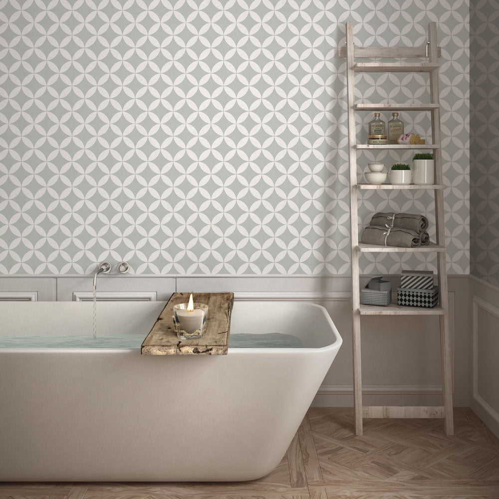 Terrazzo Star Removable Wallpaper - A white tub and wood shelves in a bathroom featuring Terrazzo Star Peel And Stick Wallpaper | Tempaper