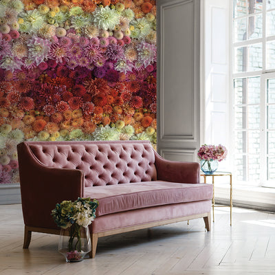 Tempaper's Dahlia Gradient Peel And Stick Wall Murals By Wright Kitchen shown behind a couch.