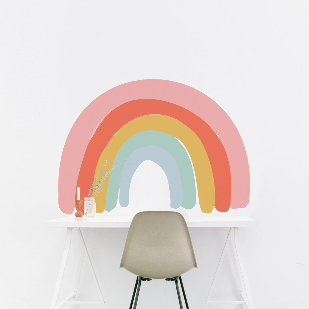 Tempaper's Pastel Rainbow Wall Decal on top of a white desk and chair.