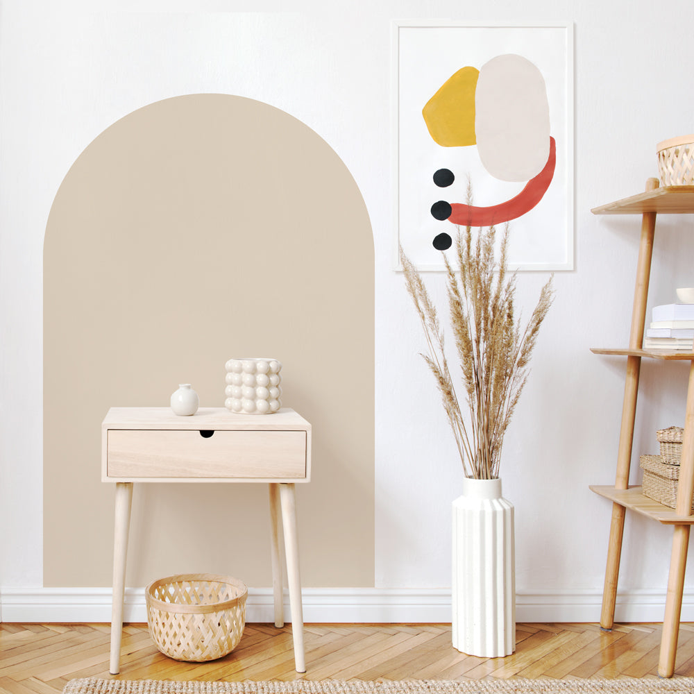 Arch Wall Decal WALL DECALS in a tan colorway behind furniture.#color_soft-beige